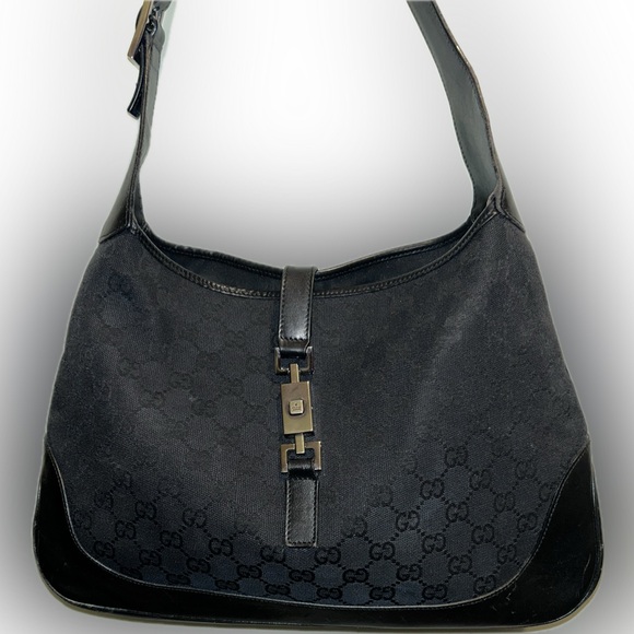 Vintage Gucci Jackie Black Monogram Logo Canvas Leather Luxe Shoulder Bag Purse - Picture 2 of 16